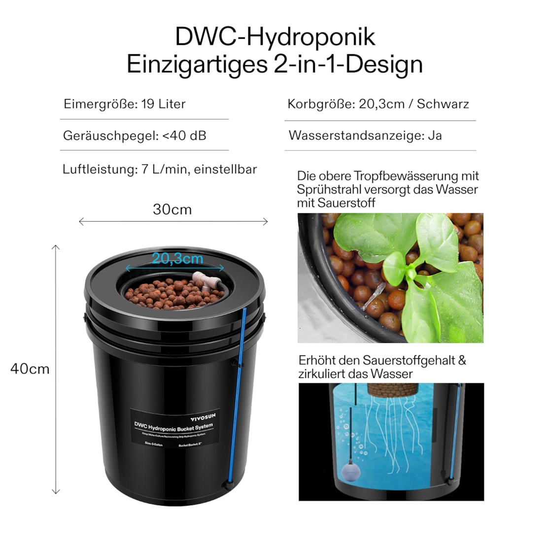 VIVOSUN DWC Hydroponik-System 18,9 L – 1-Eimer-Kit mit Top-Drip