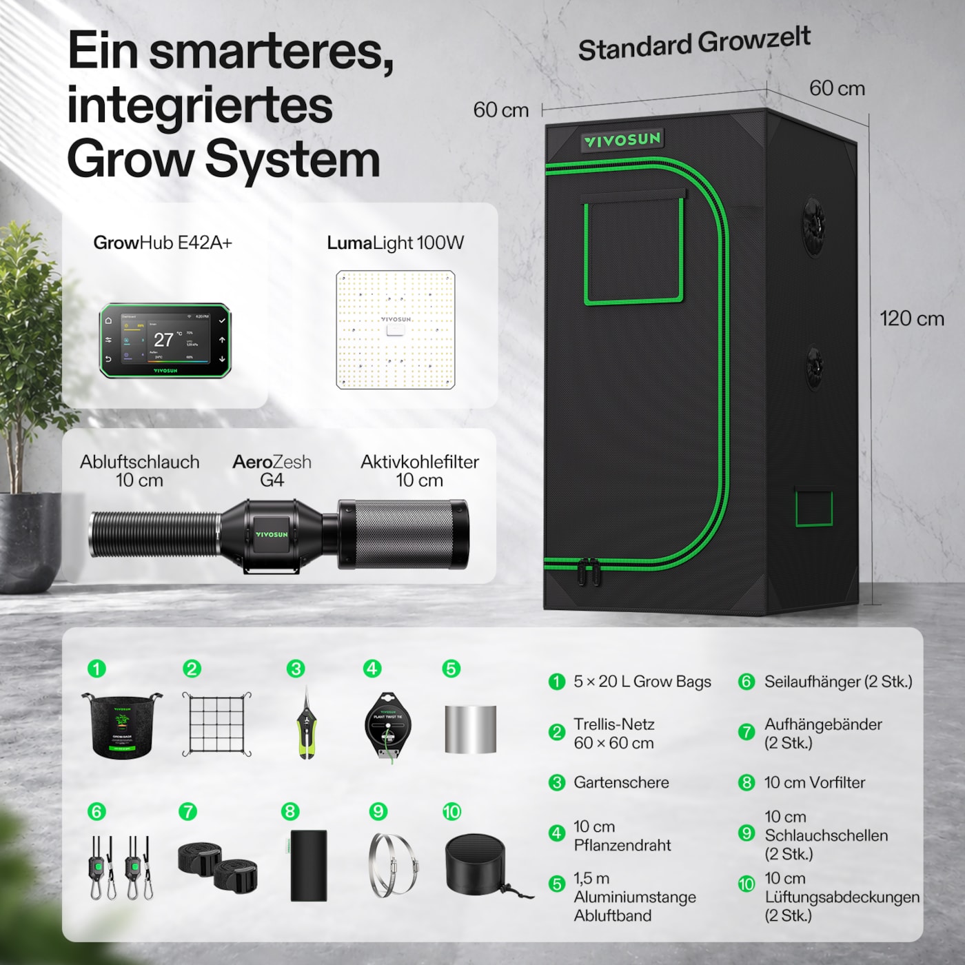VIVOSUN Smart Growbox Komplettset 60x60x120cm mit LumaLight 100W und E42A+ Controller