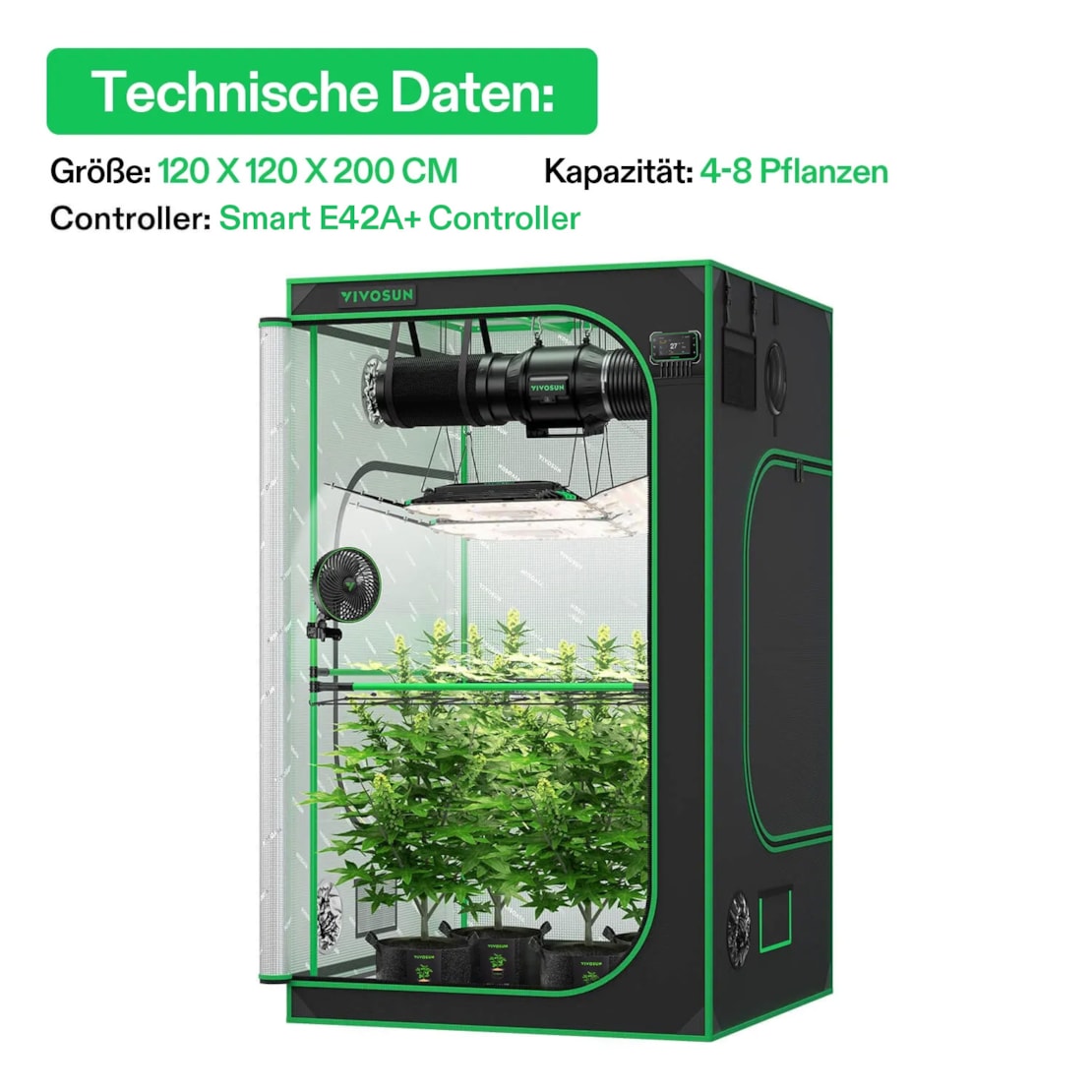 VIVOSUN Smart Growbox Komplettset Pro 120x120x200 cm mit 2x AeroLight Wing 200W und E42A+ Controller
