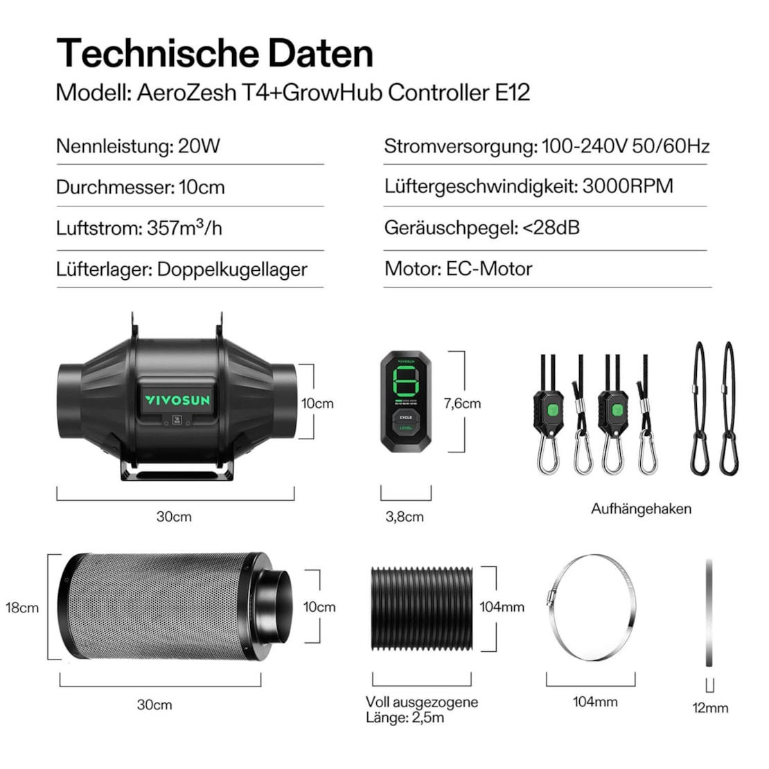 VIVOSUN AeroZesh T4 Smart Luftfiltration Kit 10 cm mit E12-Geschwindigkeitsregler