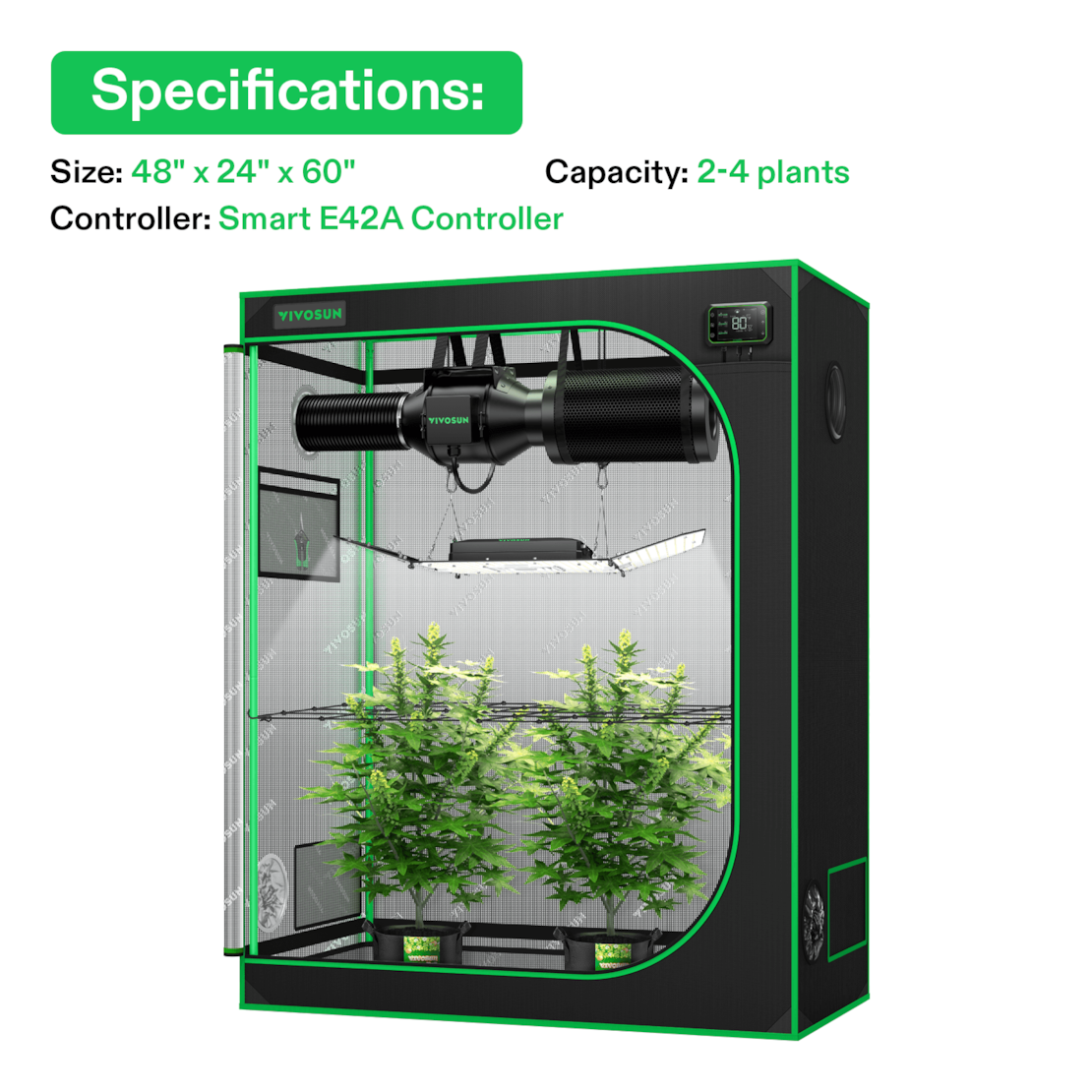 VIVOSUN Smart Growbox Komplettset 120x60x150cm mit AeroLight Wing 200W und E42A Controller