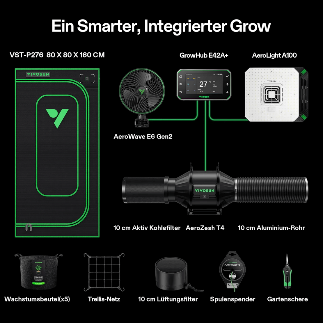 VIVOSUN Smart Growbox Komplettset Pro 80x80x160 cm mit AeroLight 100W und E42A+ Controller