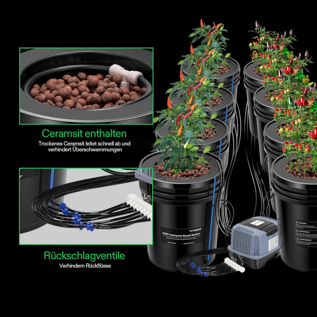 VIVOSUN DWC Hydroponik-System 18,9 L – 8-Eimer-Kit Top-Drip