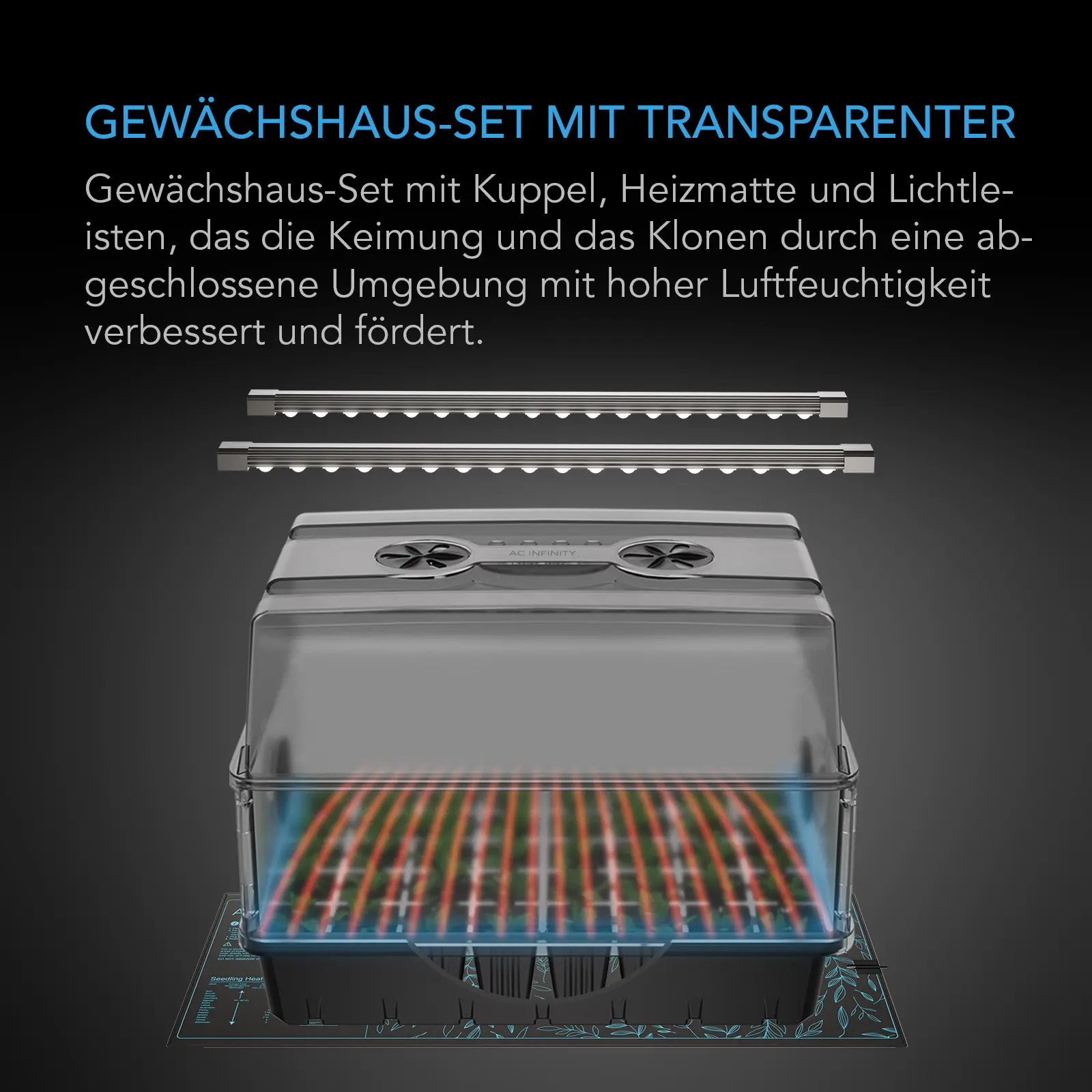 Transparentes AC Infinity Anzuchtgewächshaus mit Heizmatte und zwei LED-Lichtleisten zur Keimung und Bewurzelung von Stecklingen