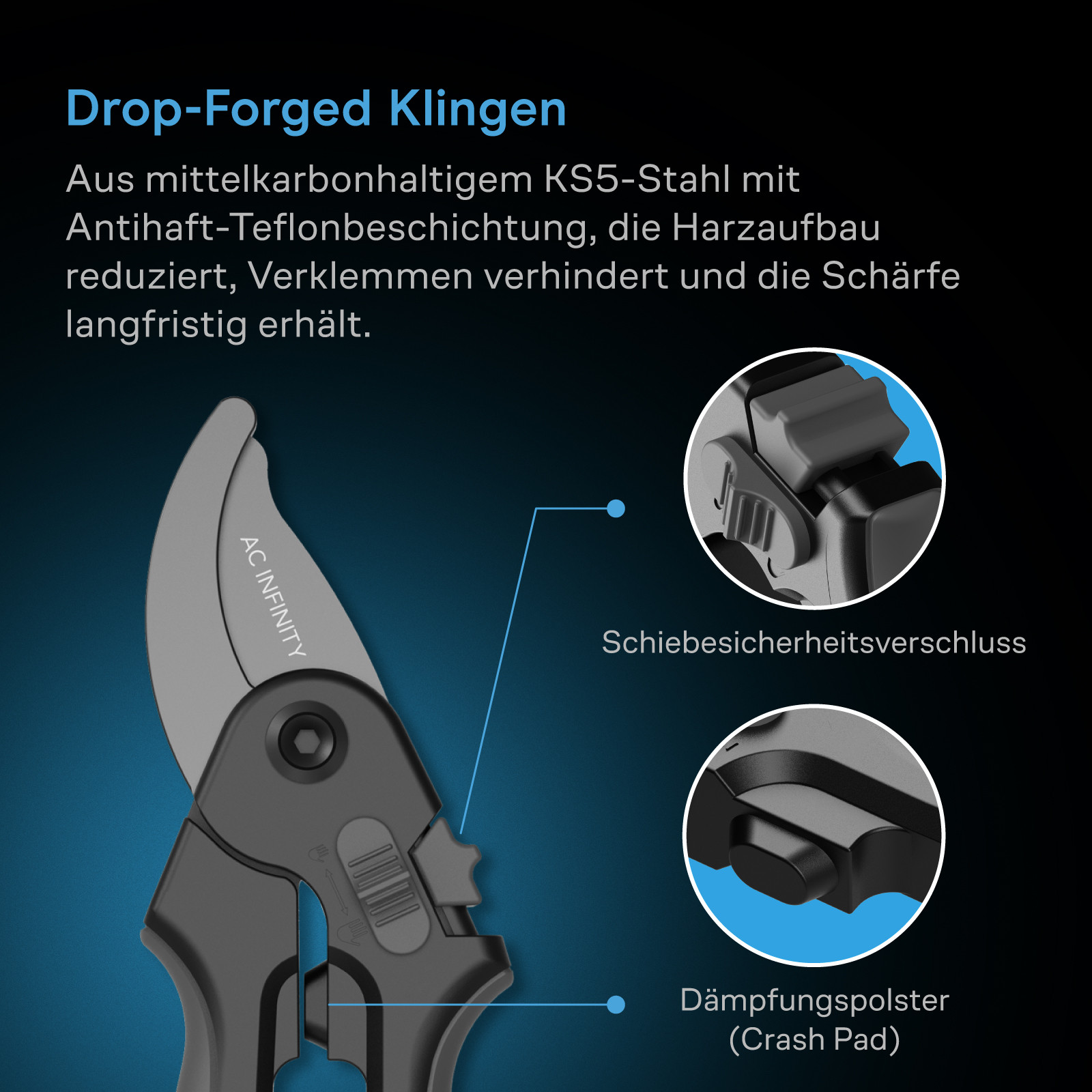 AC Infinity Präzisionsschere mit geschmiedeten KS5-Mittelkarbonstahl-Klingen, Teflonbeschichtung, Sicherheitsverschluss und Dämpfungspolster