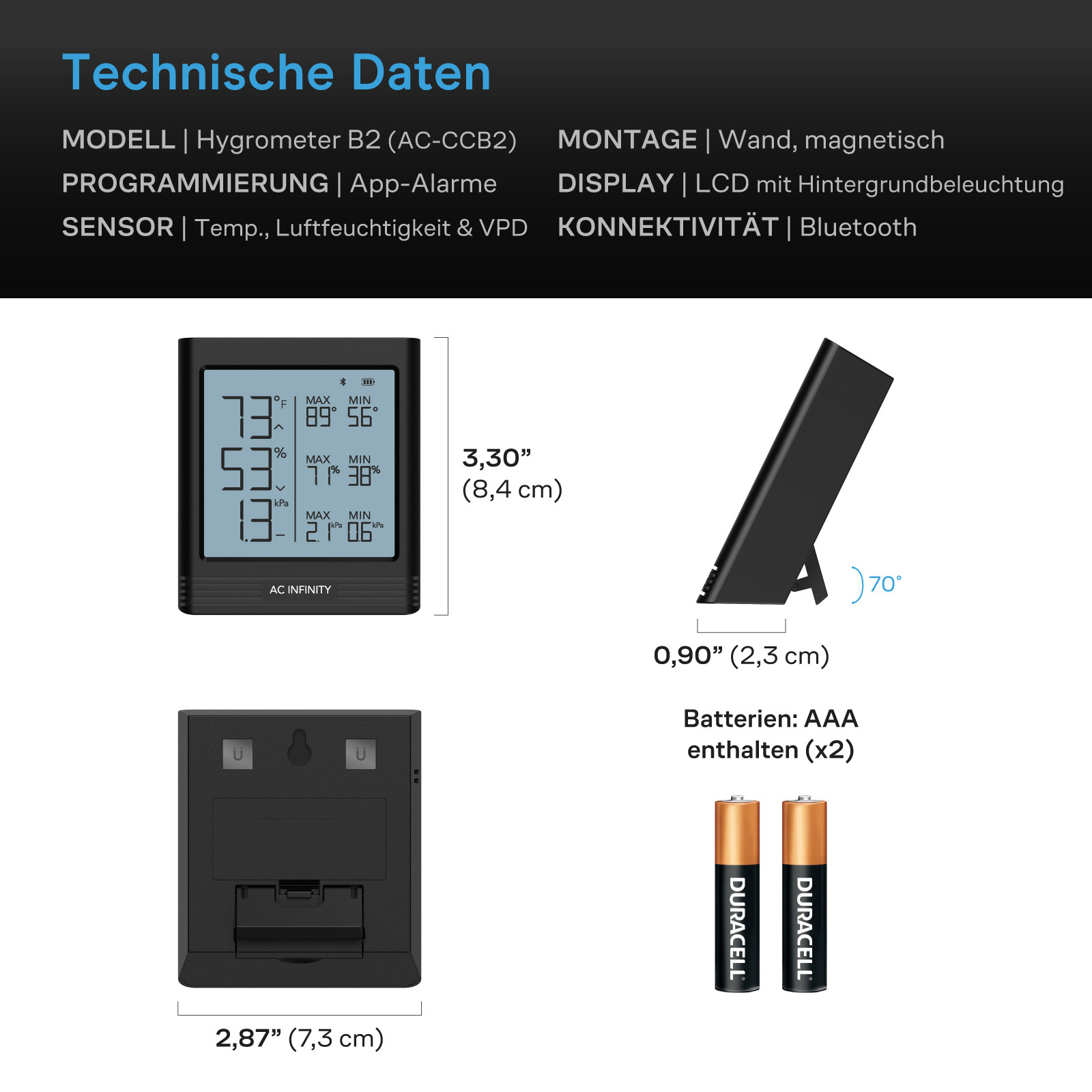 Abmessungen und technische Daten des AC Infinity Hygrometers B2 mit Bluetooth, beleuchtetem LCD, Magnetbefestigung und zwei AAA-Batterien