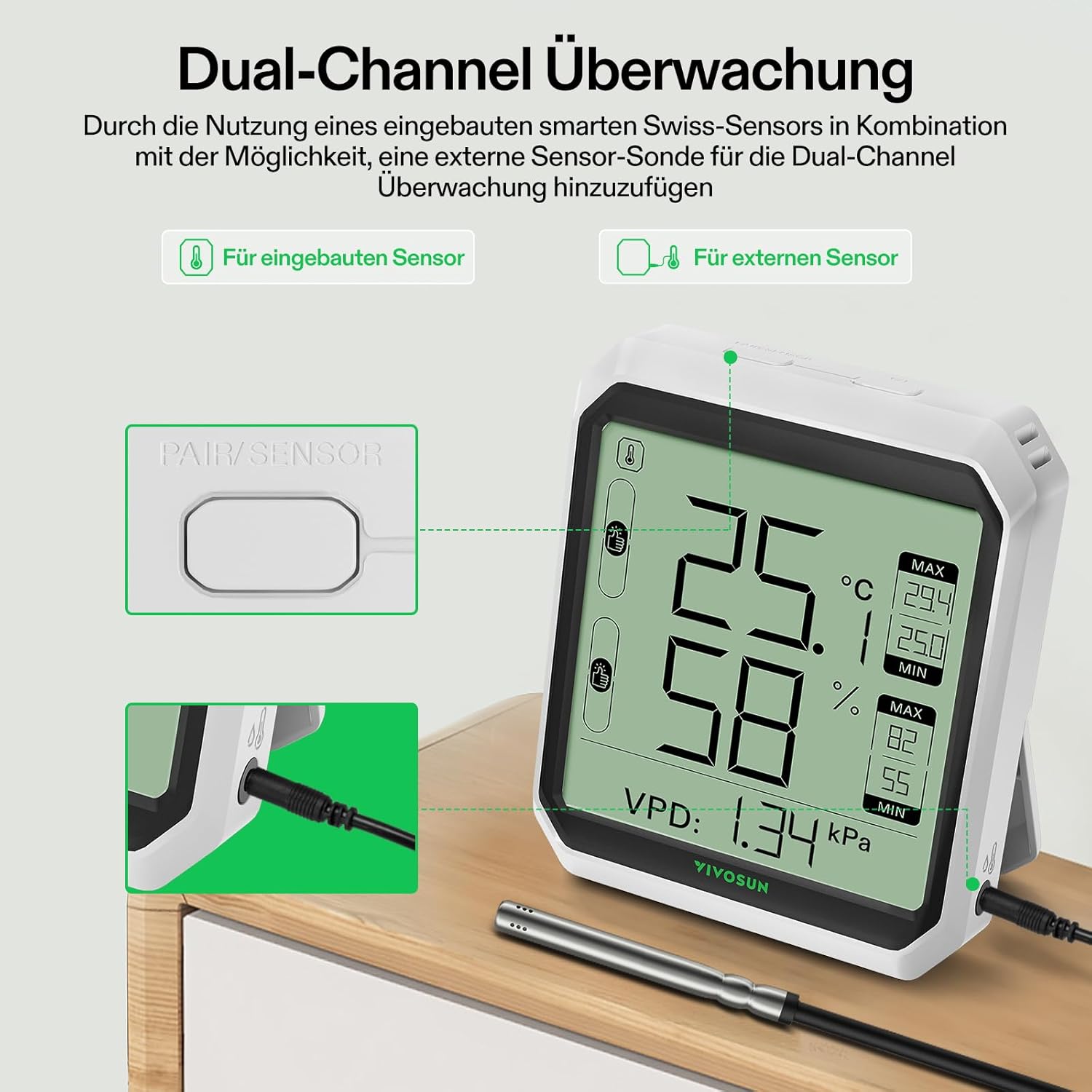 VIVOSUN AeroLab THB1S Bluetooth Thermometer mit Sensor (B-Ware)