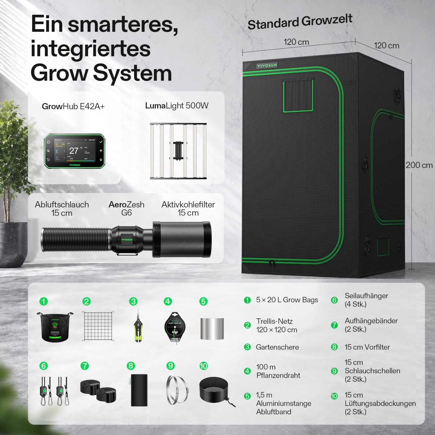 VIVOSUN Smart Growbox Komplettset 120x120x200 cm mit LumaLight 500W und GrowHub E42A+