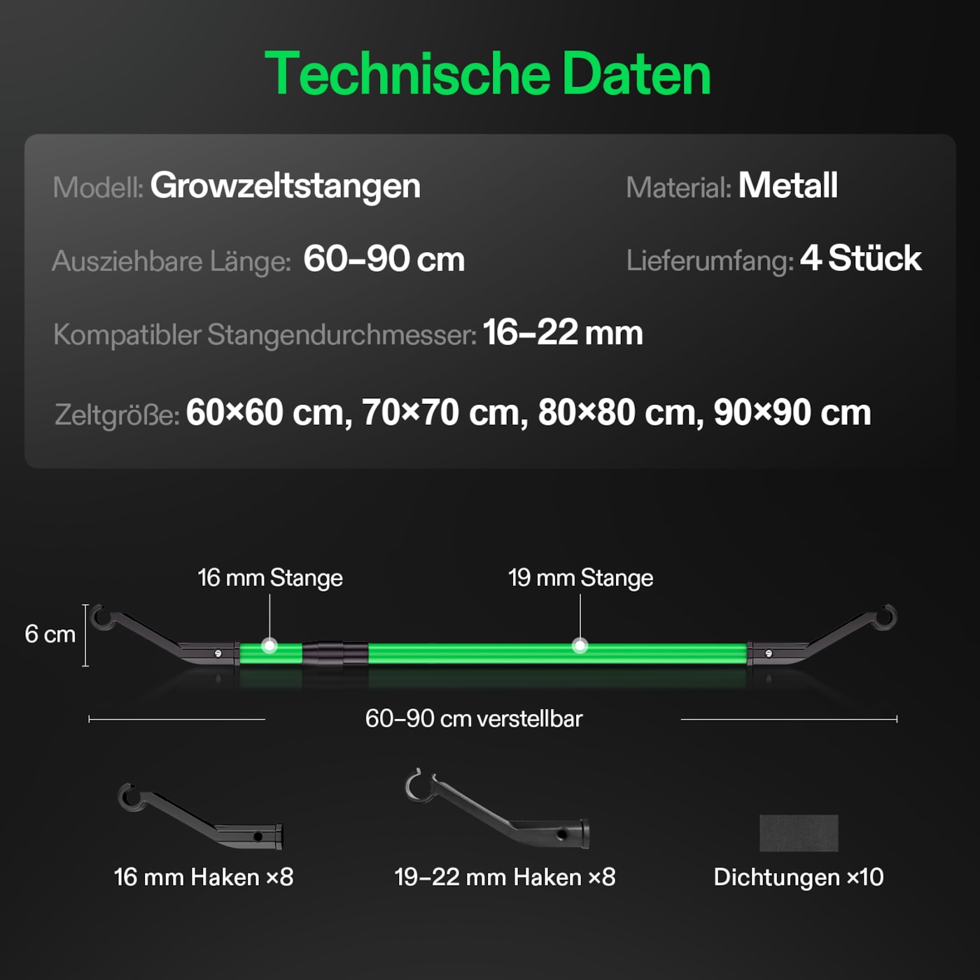 VIVOSUN High CFM Stangen Set 60–90 cm für Growbox und Growzelt