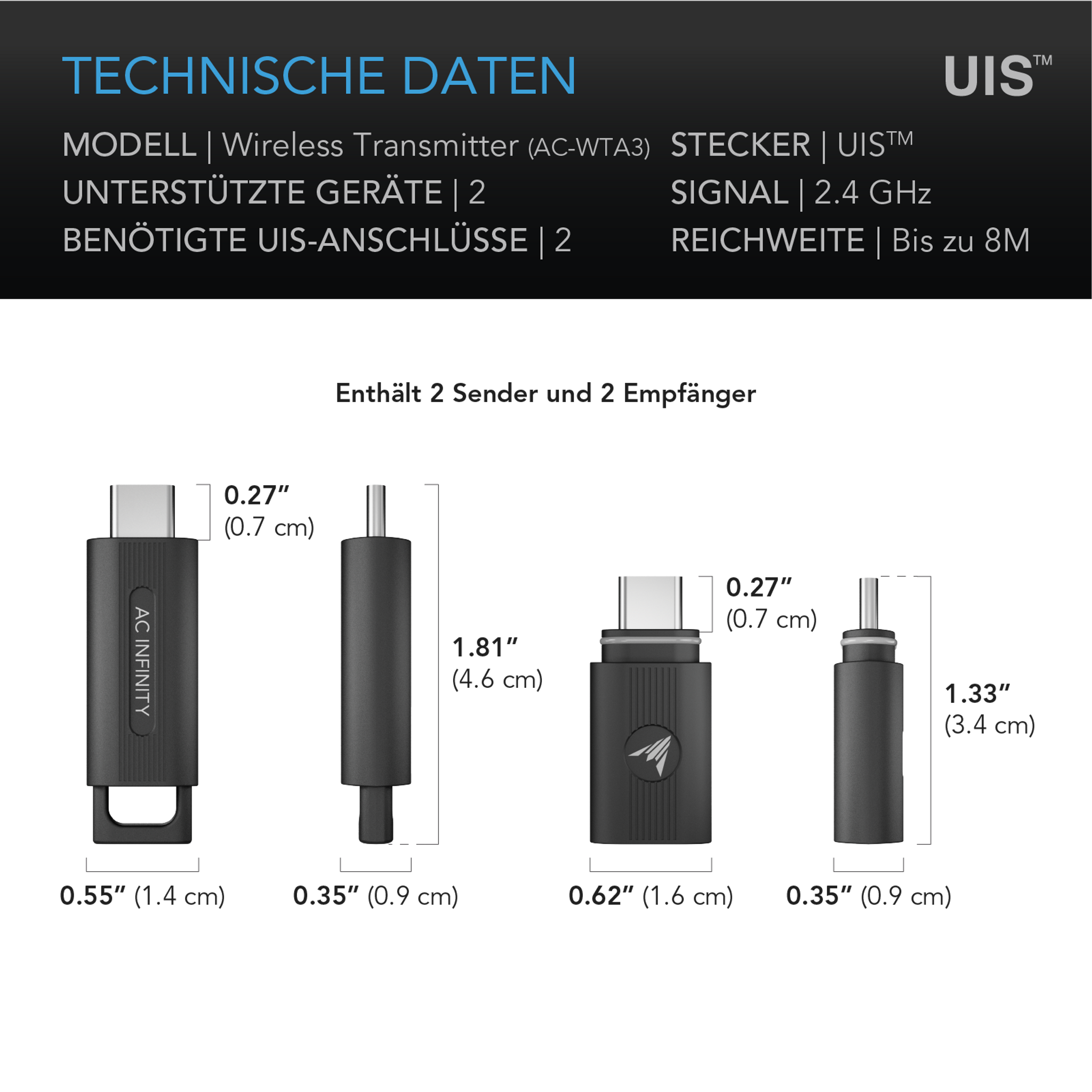 AC Infinity UIS Wireless 1-zu-1 Sender & Empfänger verbindet UIS-Geräte und Controller drahtlos - 2er-Pack