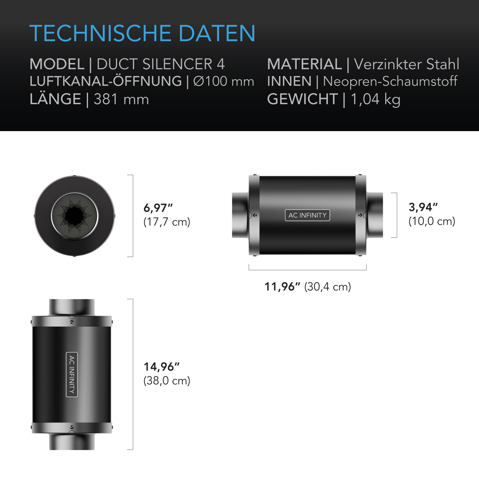 Technische Daten des AC Infinity Duct Silencer 4