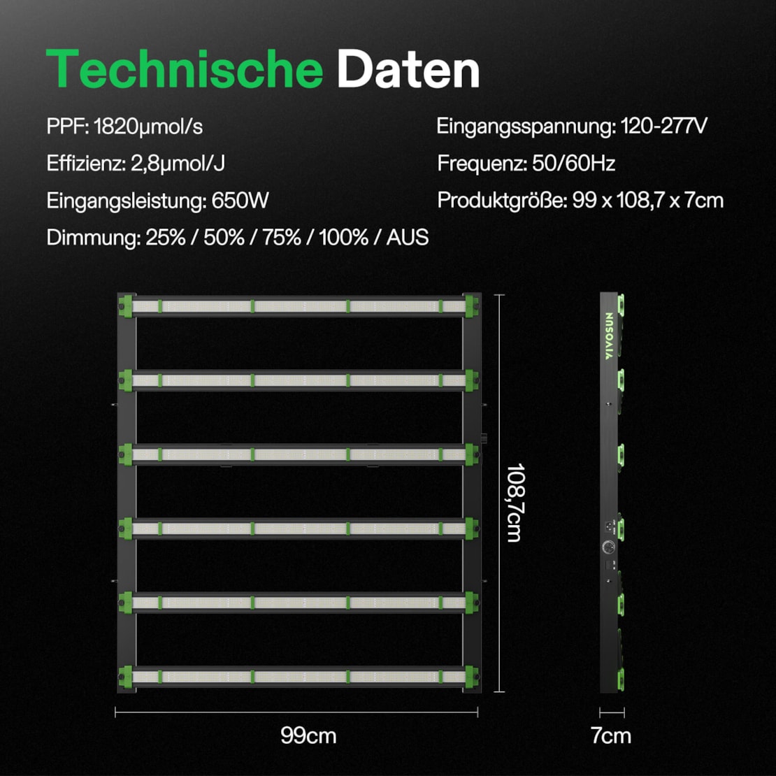 VIVOSUN VSFD6500 Vollspektrum LED Pflanzenlampe 650W mit 6 Dimmstufen
