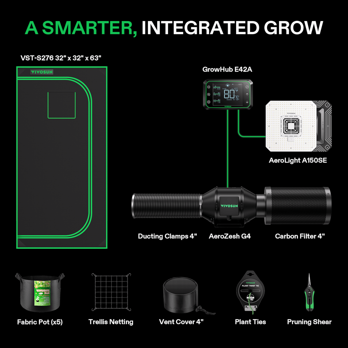 VIVOSUN Smart Growbox Komplettset 80x80x160 cm mit AeroLight 150W und E42A Controller