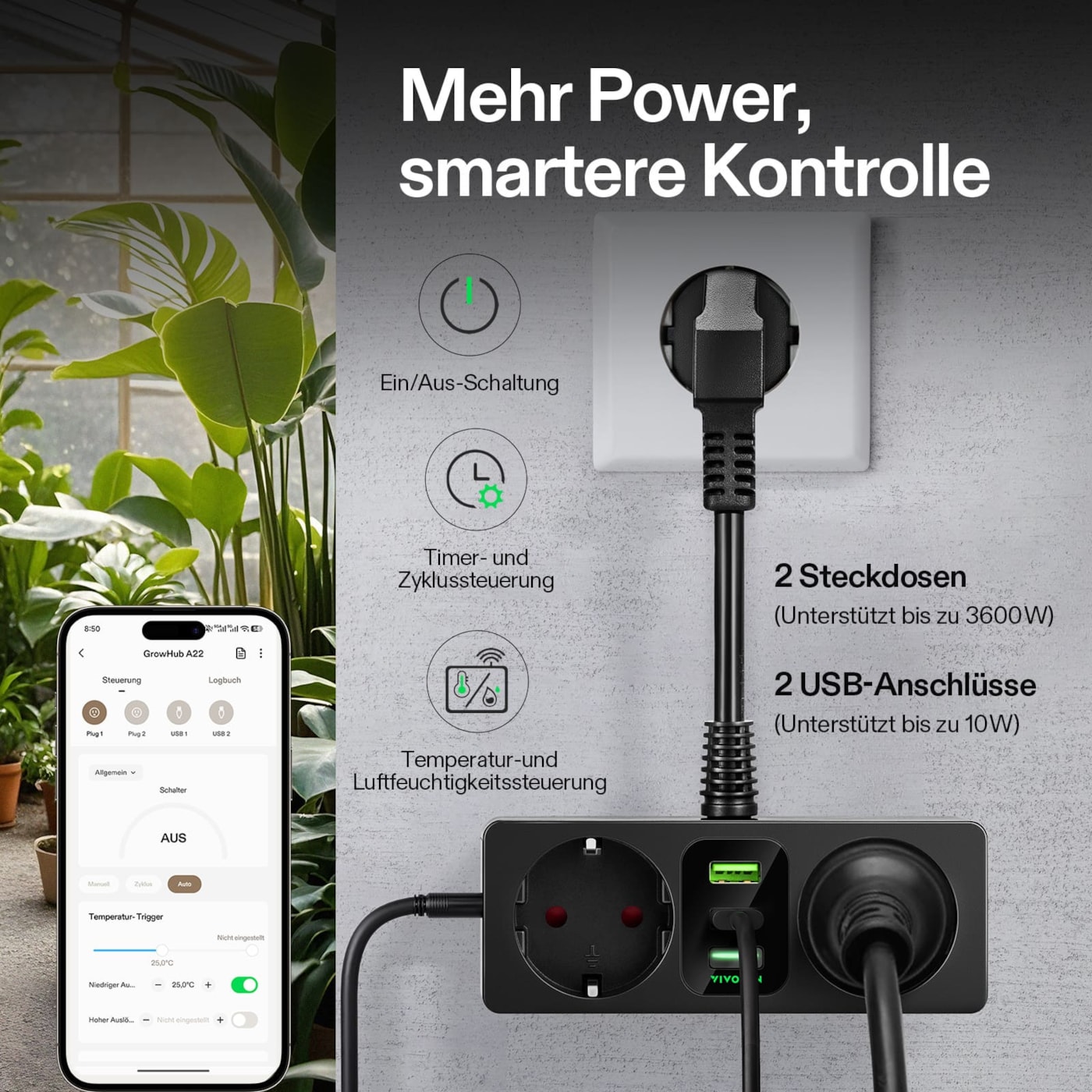 VIVOSUN GrowHub Outlet Controller A22 mit Temperatur- und Feuchtigkeitssensor