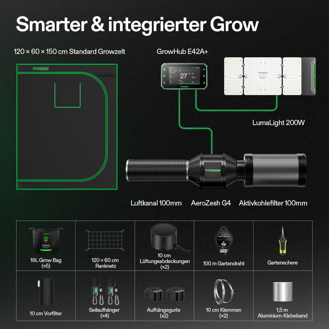 VIVOSUN Smart Growbox Komplettset 120x60x150 cm mit LumaLight 200W und GrowHub E42A+