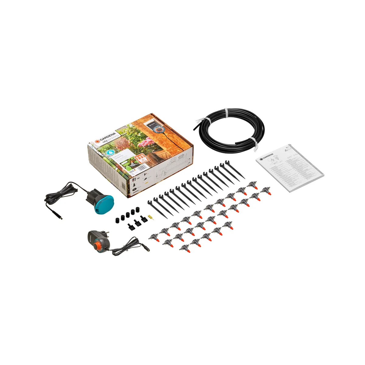 Komplettset der Gardena vollautomatischen Balkonbewässerung LW-372066 und GA210-0893 mit allen Zubehörteilen