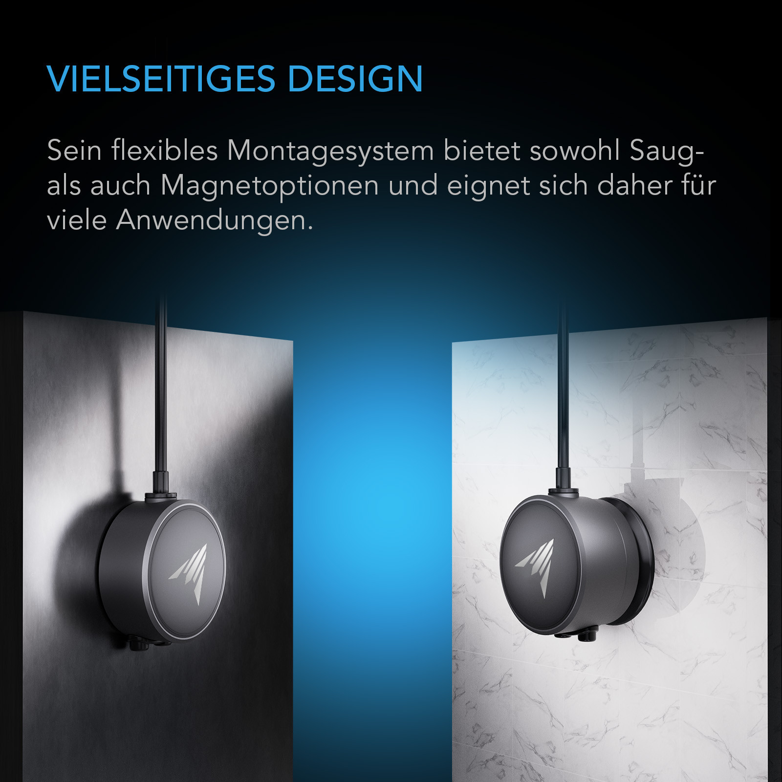 AC Infinity Wassersensor mit magnetischer Befestigung an Metall und Saugnapfmontage auf einer glatten Oberfläche