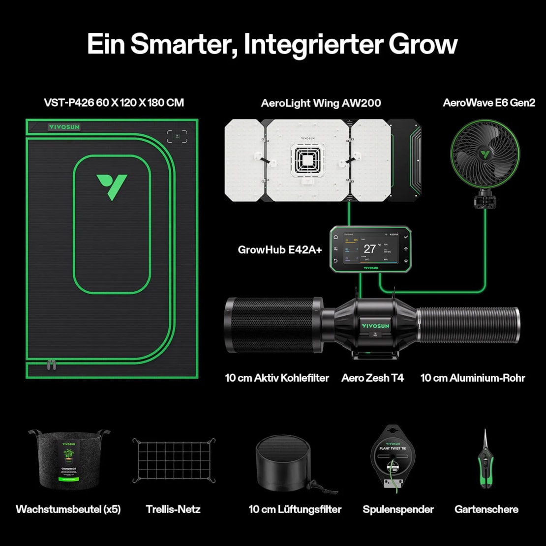 VIVOSUN Smart Growbox Komplettset Pro 60x120x180 cm mit AeroLight Wing 200W und E42A+ Controller