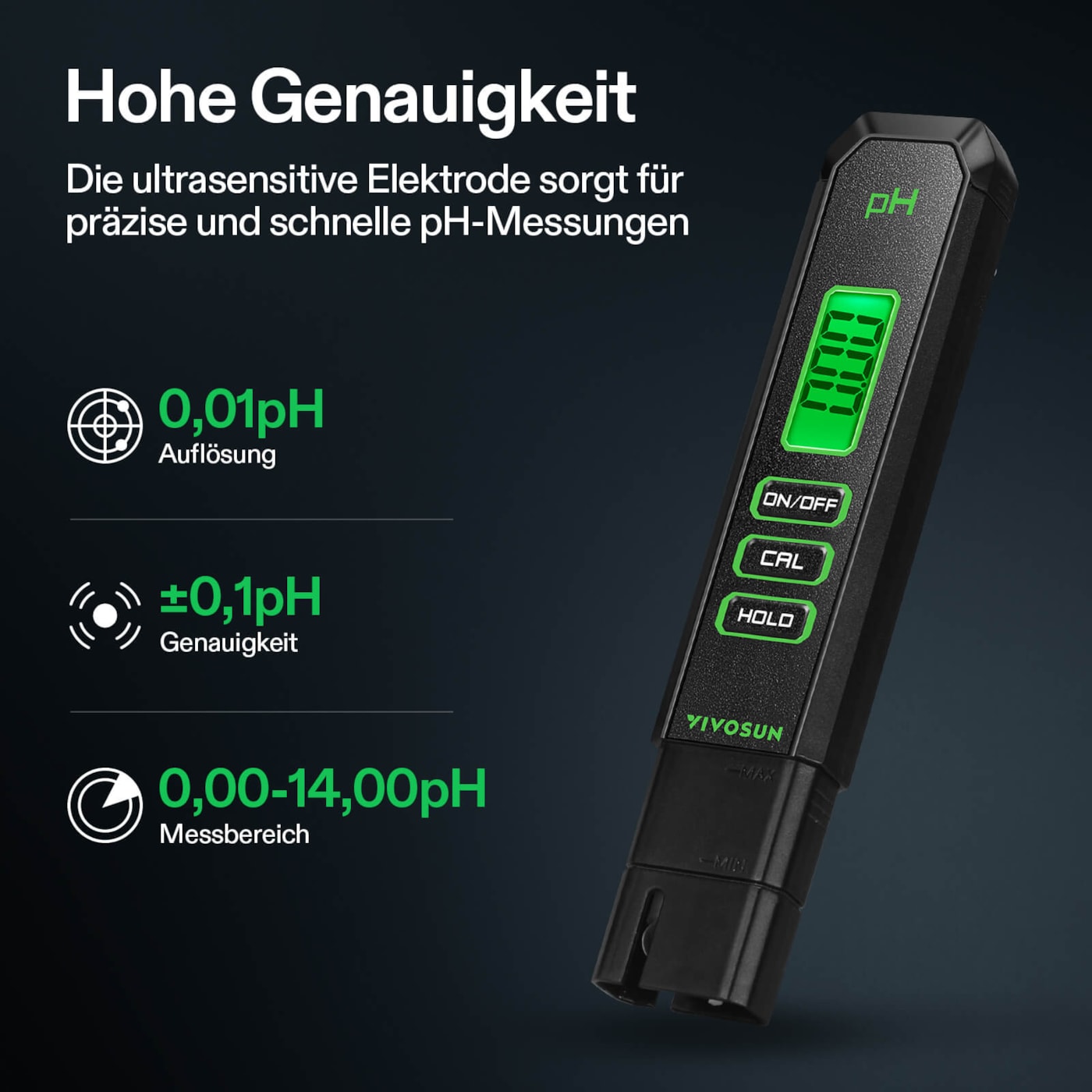 VIVOSUN pH-Tester mit hoher Genauigkeit, 0,01 pH Auflösung und Messbereich von 0,00 bis 14,00 pH