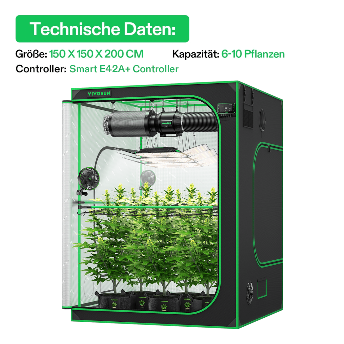 VIVOSUN Smart Growbox Komplettset Pro 150x150x200 cm mit 3x AeroLight Wing 200W und E42A+ Controller