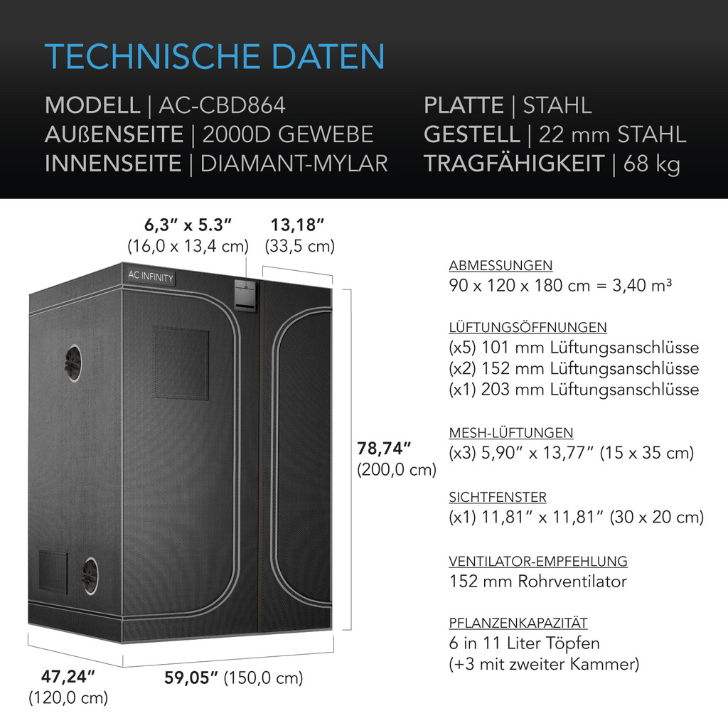 AC Infinity CLOUDLAB 864D 2-in-1 Advance Grow Zelt 150x120x200 cm