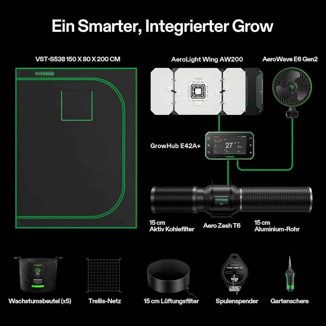 VIVOSUN Smart Growbox Komplettset Pro 150x80x200 cm mit AeroLight Wing 200W und E42A+ Controller