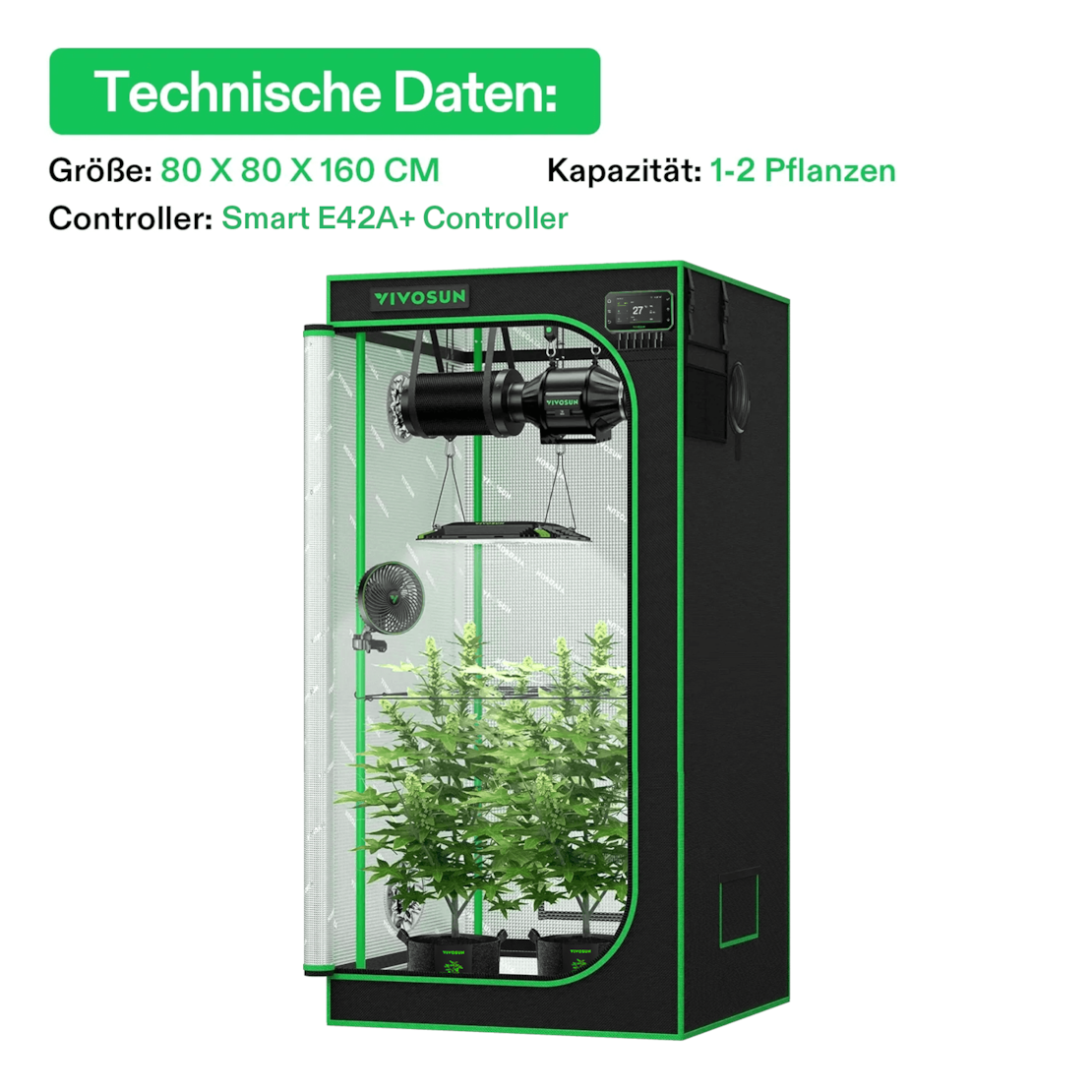 VIVOSUN Smart Growbox Komplettset Pro 80x80x160 cm mit AeroLight 100W und E42A+ Controller