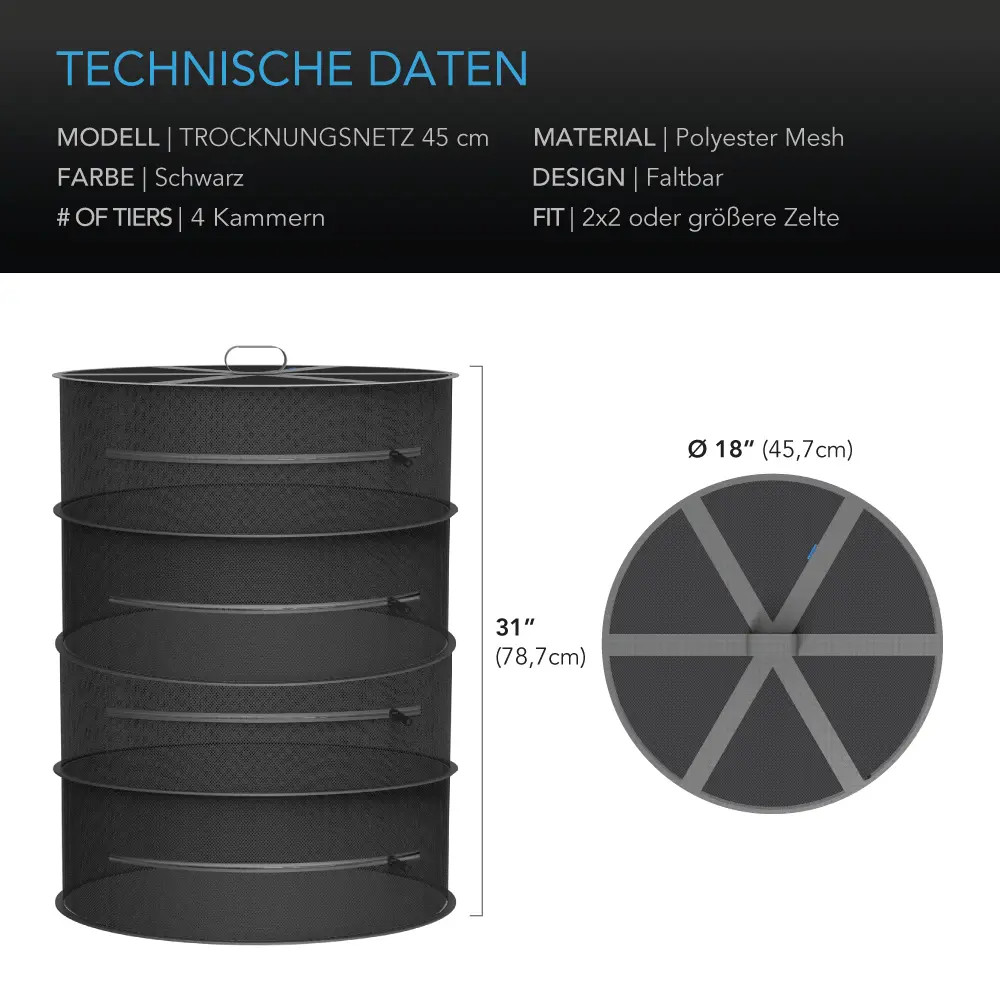 Abmessungen und technische Daten des faltbaren AC Infinity Trockennetzes mit vier Kammern, 45,7 Zentimeter Durchmesser und 78,7 Zentimeter Höhe