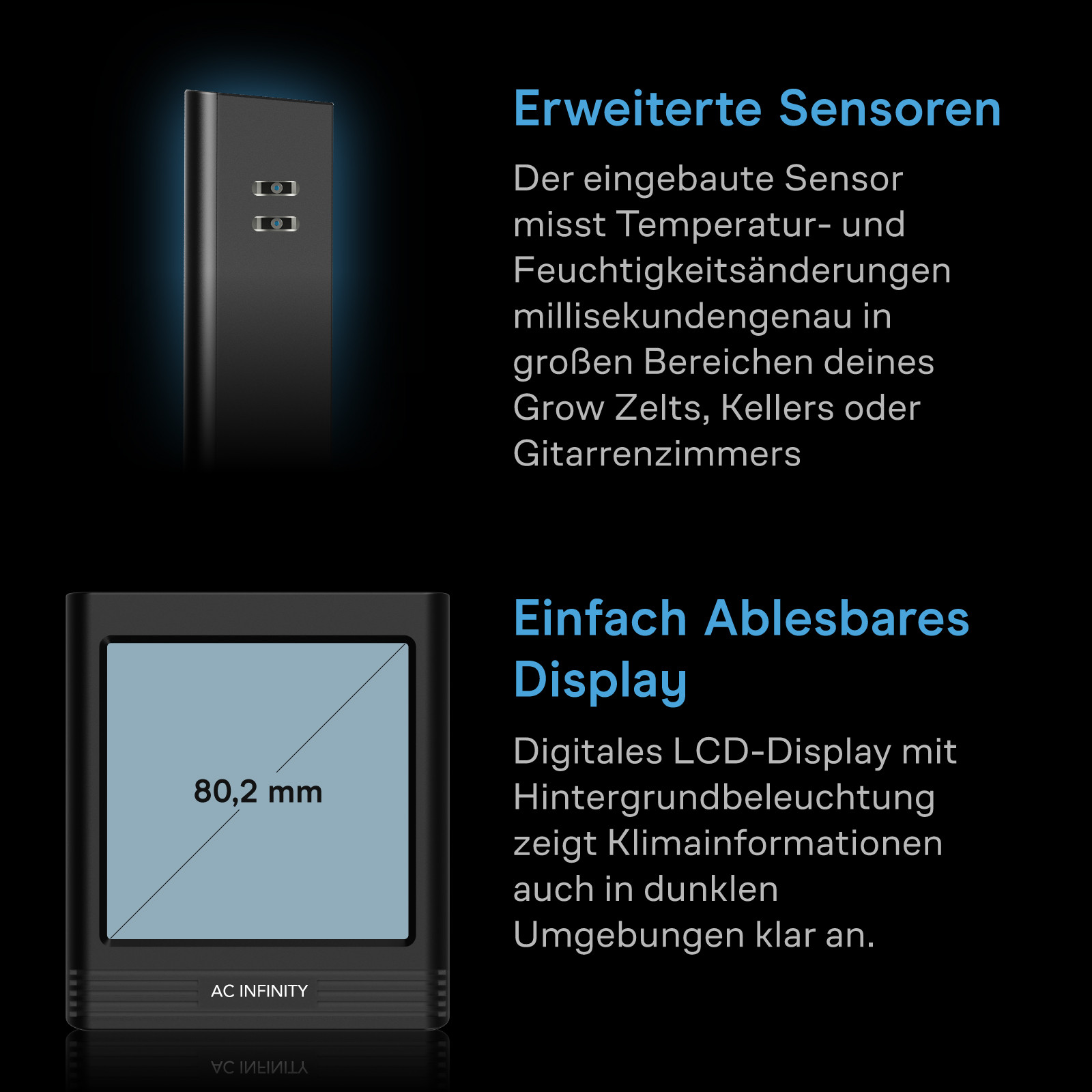 Integrierter Sensor des AC Infinity Hygrometers B2 zur schnellen Messung von Temperatur und Luftfeuchtigkeit in Innenräumen und Growzelten