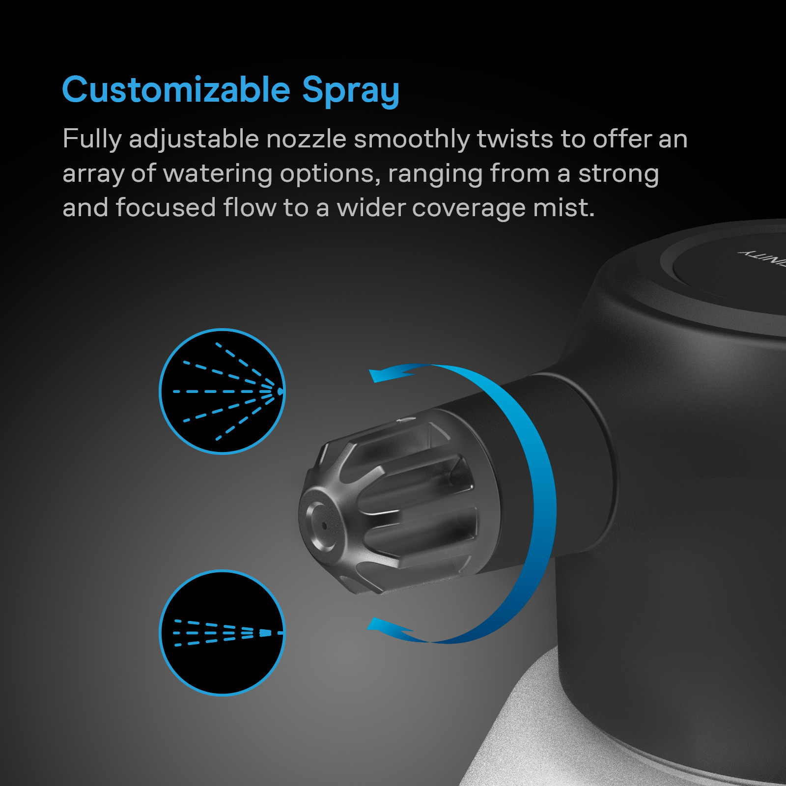 Verstellbare Düse des AC Infinity Pflanzensprühers für feinen Sprühnebel oder gebündelten Wasserstrahl.