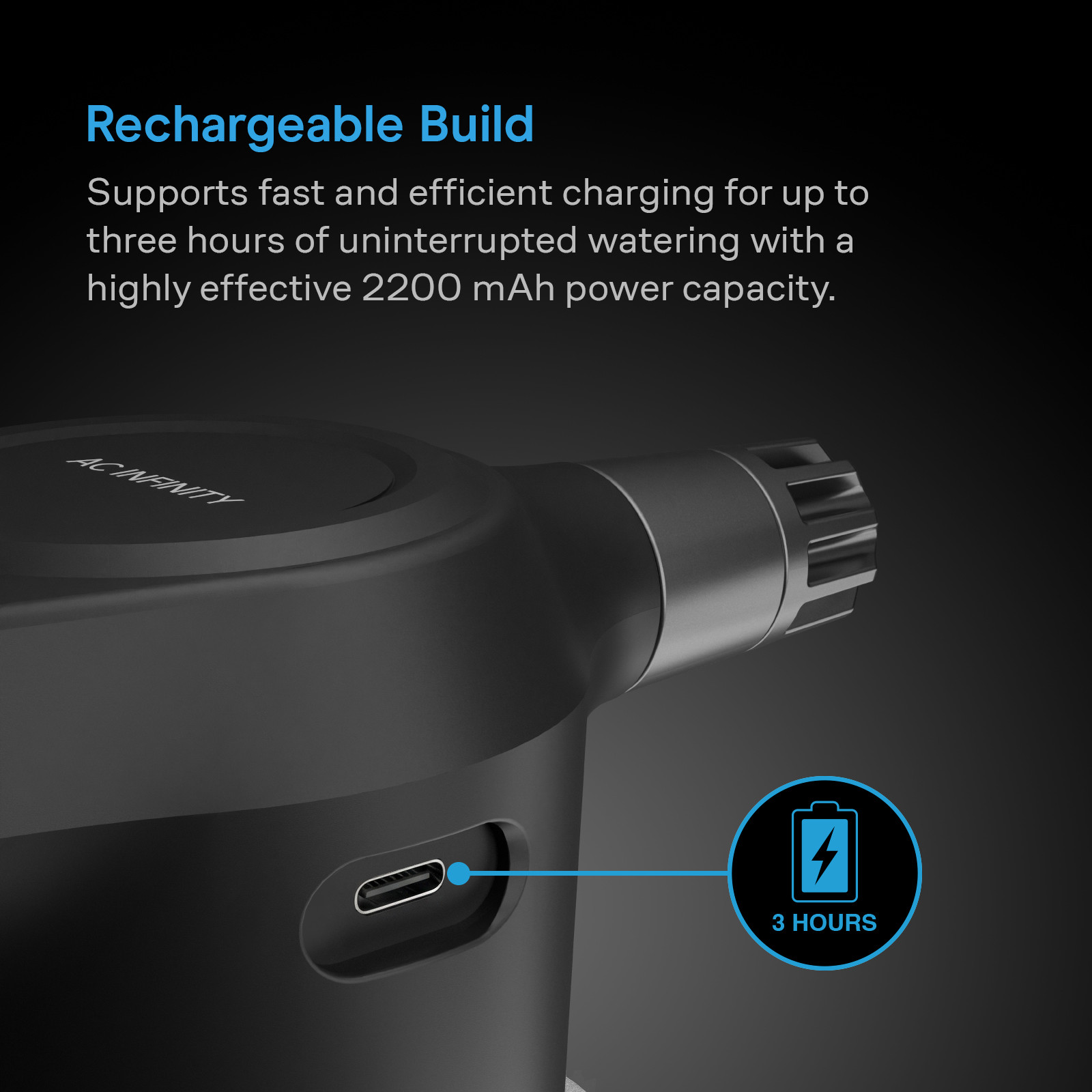 USB-C-Ladeanschluss des AC Infinity Sprühers mit 2200-mAh-Akku und bis zu drei Stunden Betriebszeit.