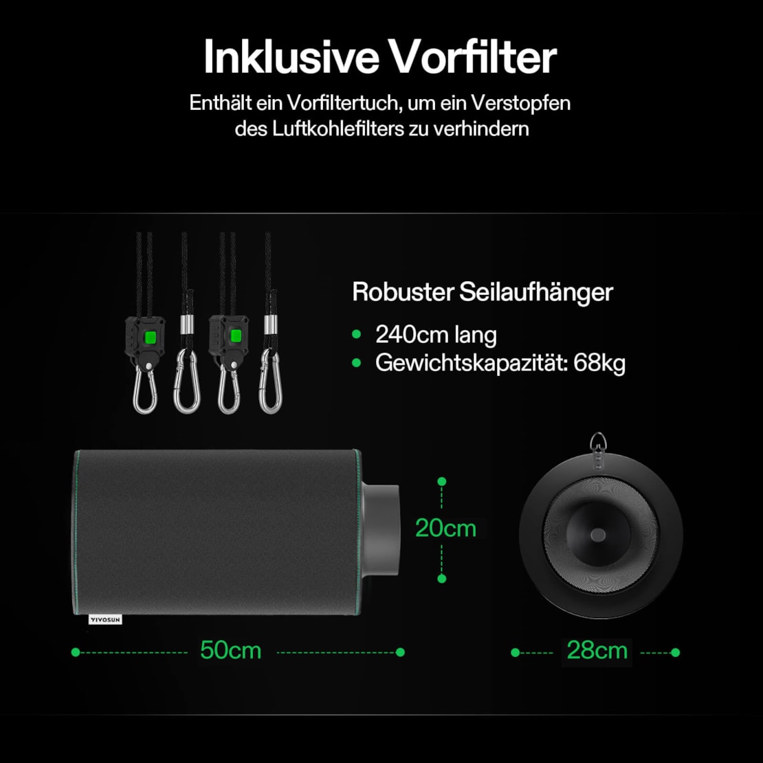 VIVOSUN Aktivkohlefilter 20 cm Flansch bis 1002 m³/h – Schwarz
