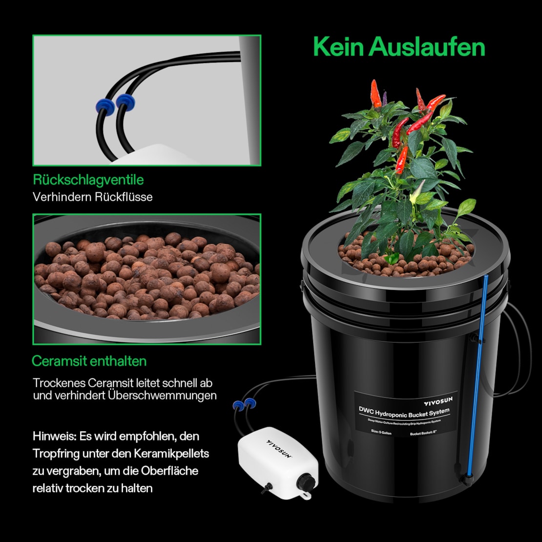 VIVOSUN DWC Hydroponik-System 18,9 L – 1-Eimer-Kit mit Top-Drip