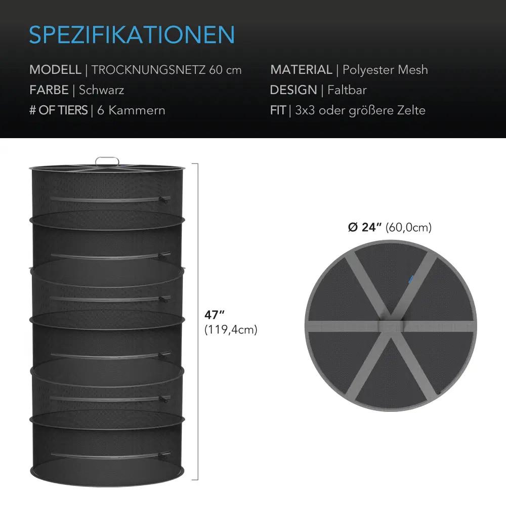 Abmessungen und technische Daten des faltbaren AC Infinity Trockengestells mit sechs Kammern, 60 Zentimeter Durchmesser und 119,4 Zentimeter Höhe