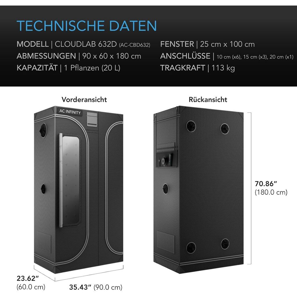 AC Infinity CLOUDLAB 632D 2-in-1 Advance Grow Zelt 90x60x180 cm