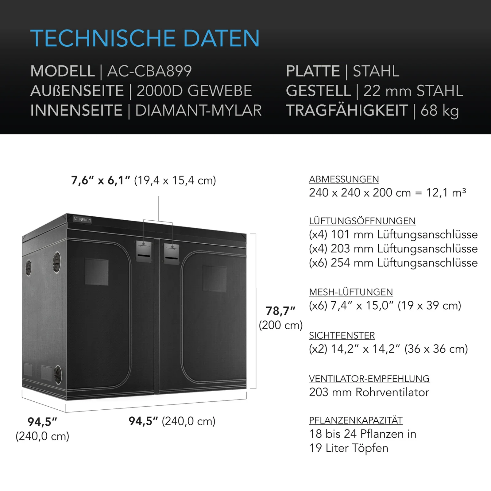 AC Infinity CLOUDLAB 899 Advance Grow Zelt 240x240x200 cm
