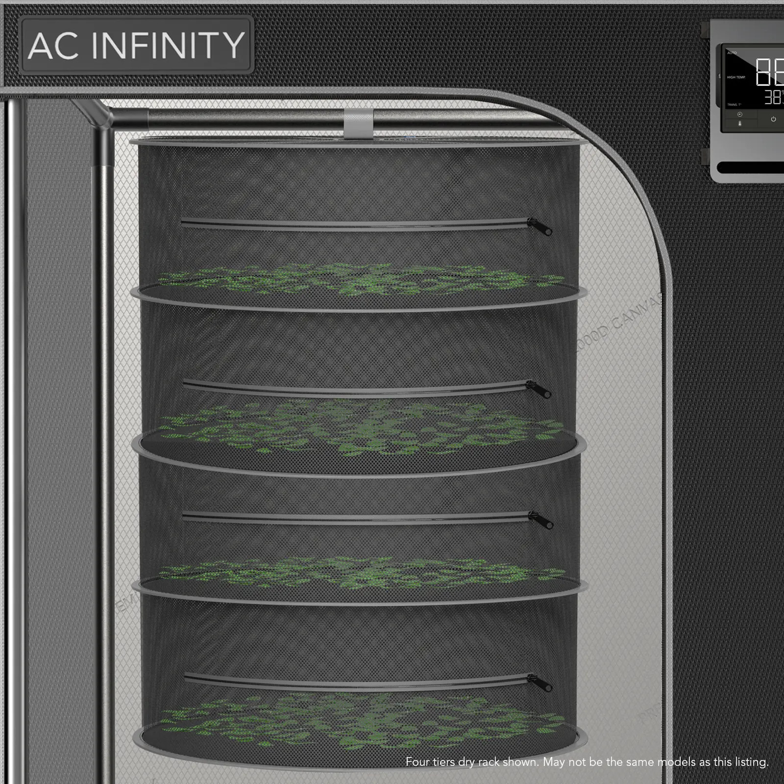 Hängendes AC Infinity Trockengestell mit vier belüfteten Mesh-Ebenen zur gleichmäßigen Trocknung von Pflanzenmaterial im Growzelt
