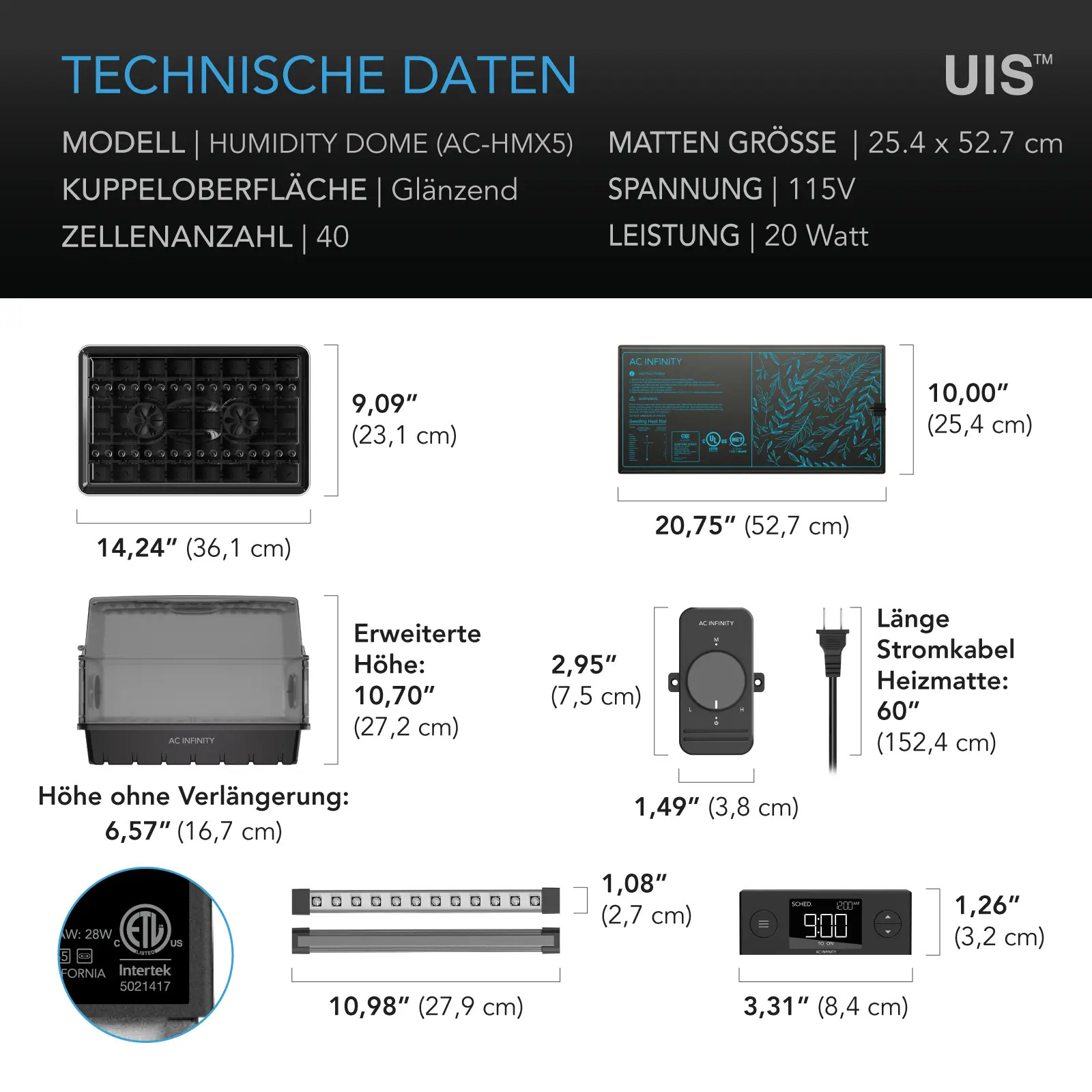 Abmessungen und technische Daten des AC Infinity Humidity Dome AC-HMX5 mit 40 Anzuchtzellen, Heizmatte, LED-Leisten und Controllern
