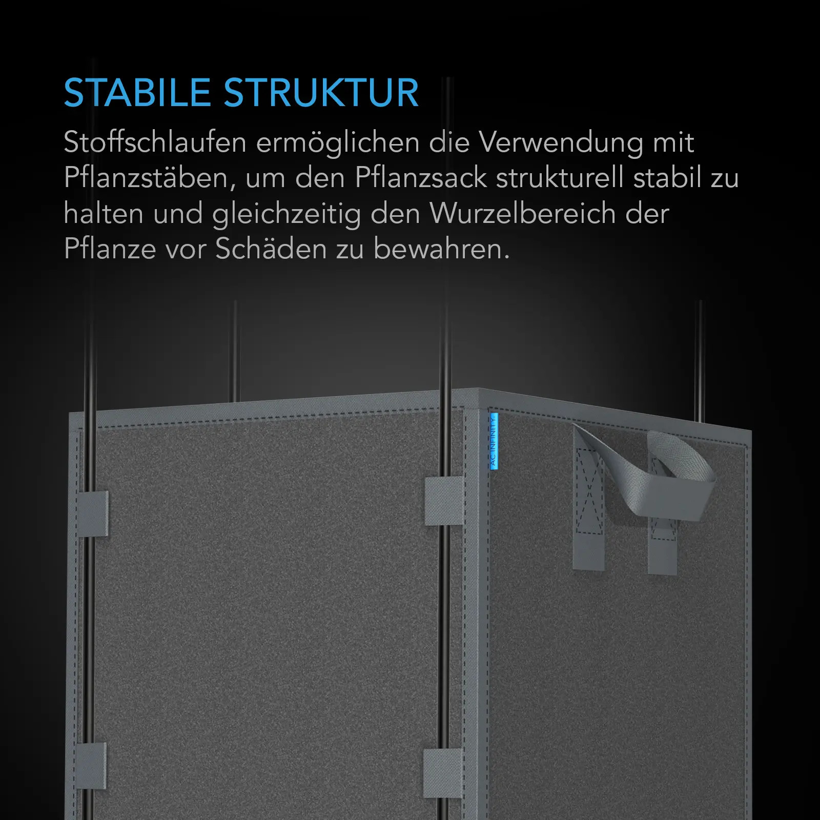 Quadratischer AC Infinity Stofftopf mit seitlichen Schlaufen zur Befestigung von Pflanzstäben und Stabilisierung wachsender Pflanzen