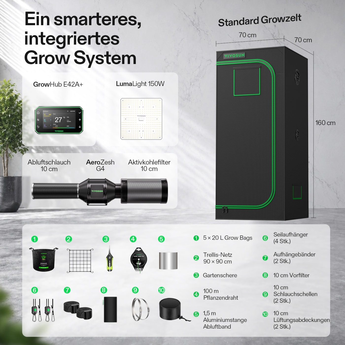 VIVOSUN Smart Growbox Komplettset 70x70x160 cm mit LumaLight 150W und GrowHub E42A+