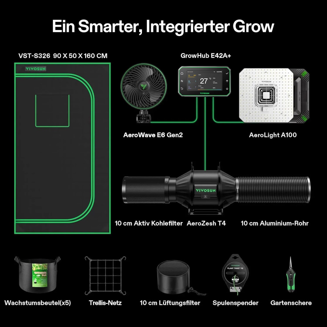 VIVOSUN Smart Growbox Komplettset Pro 90x50x160 cm mit AeroLight 100W und E42A+ Controller