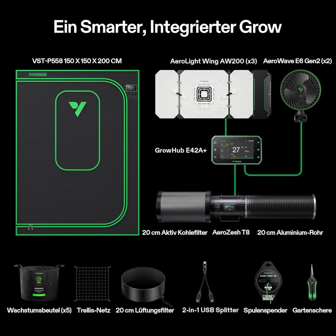 VIVOSUN Smart Growbox Komplettset Pro 150x150x200 cm mit 3x AeroLight Wing 200W und E42A+ Controller