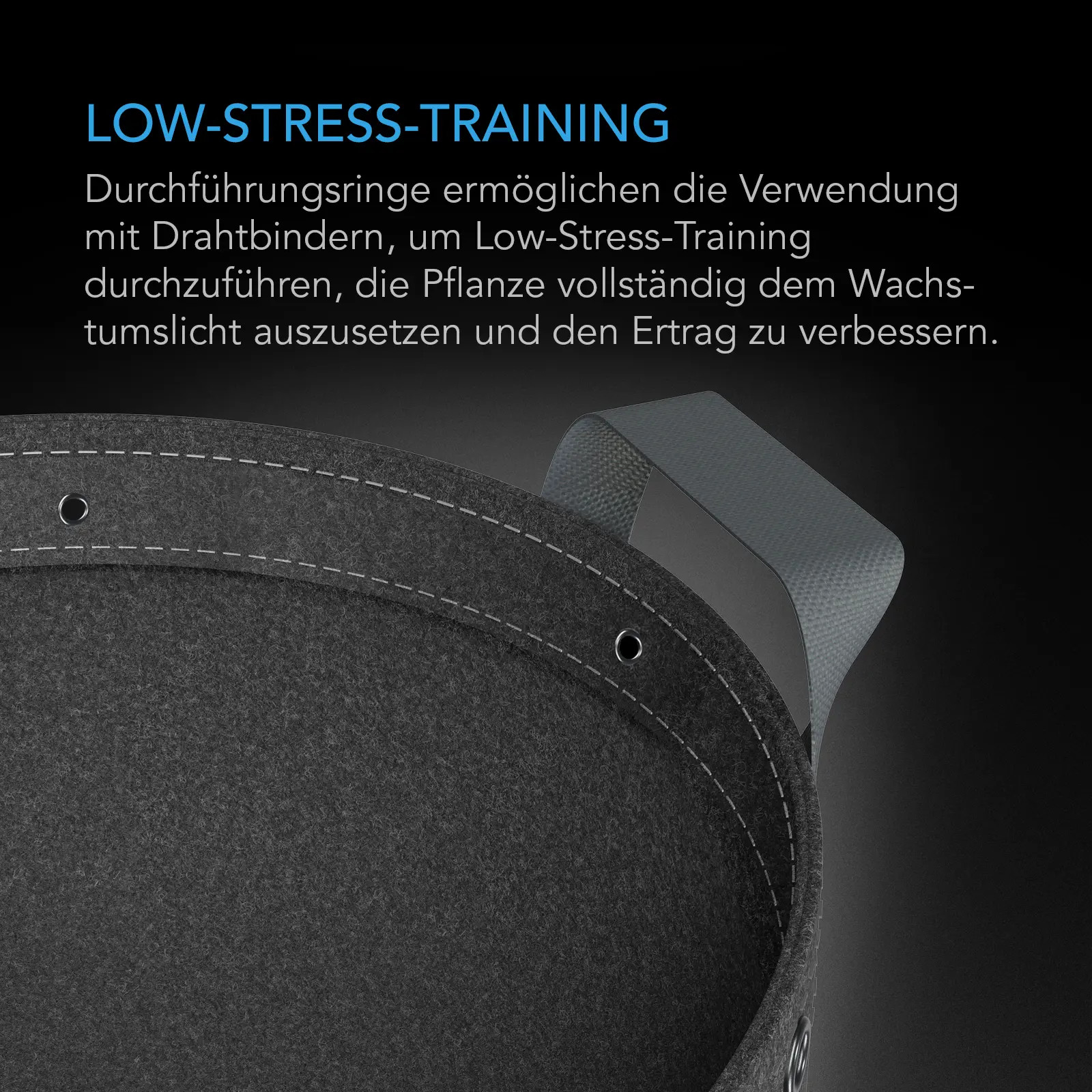 Verstärkter Rand eines AC Infinity Stofftopfs mit Metallösen zur Befestigung von Pflanzenbindern für Low-Stress-Training
