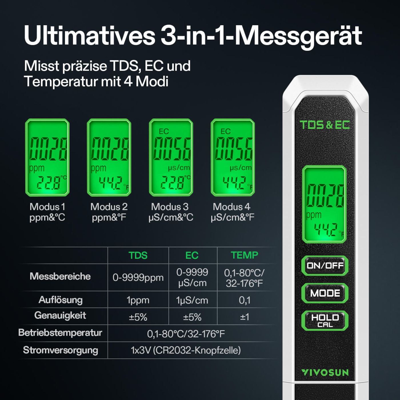 VIVOSUN 3-in-1 Messgerät zur Kontrolle von TDS, EC-Wert und Wassertemperatur
