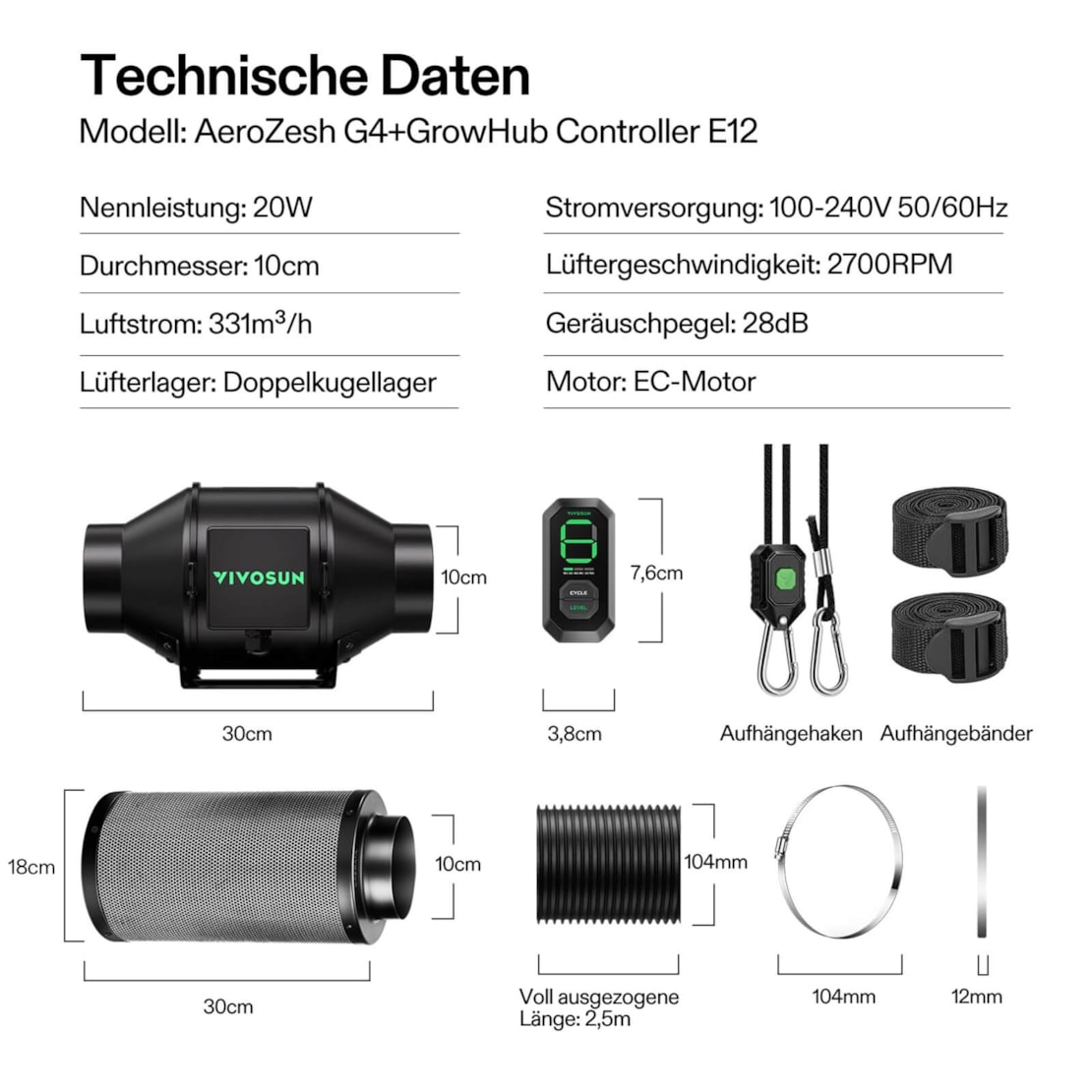 VIVOSUN AeroZesh G4 Smart Luftfiltration Kit 10 cm mit E12-Geschwindigkeitsregler