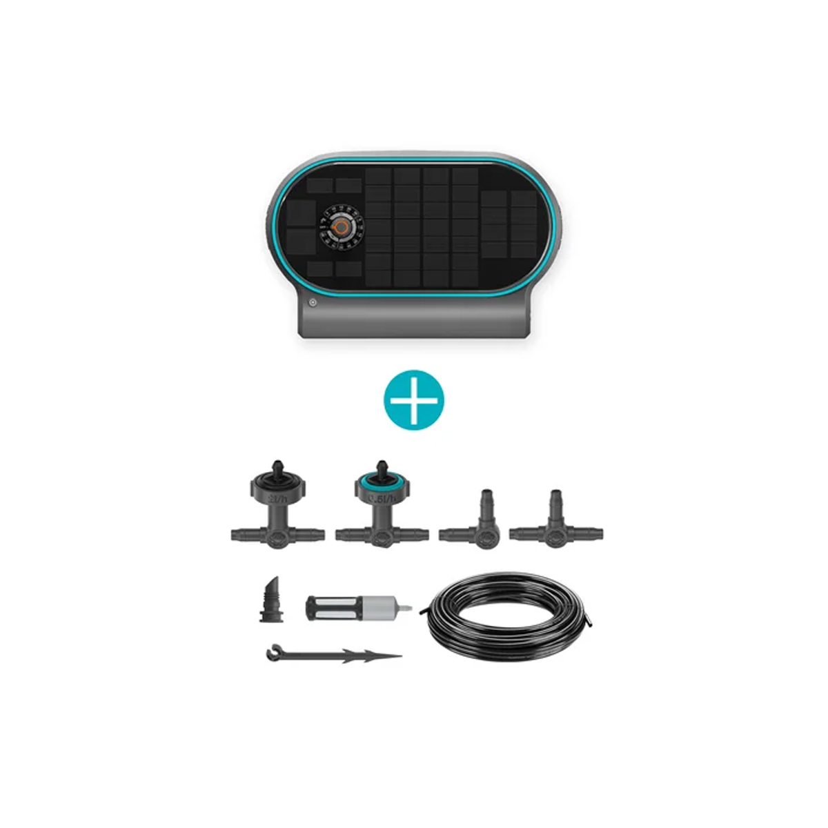Komponenten des Gardena Solar-Bewässerung AquaBloom L-Sets DZ-700050 mit Solarenergieversorgung