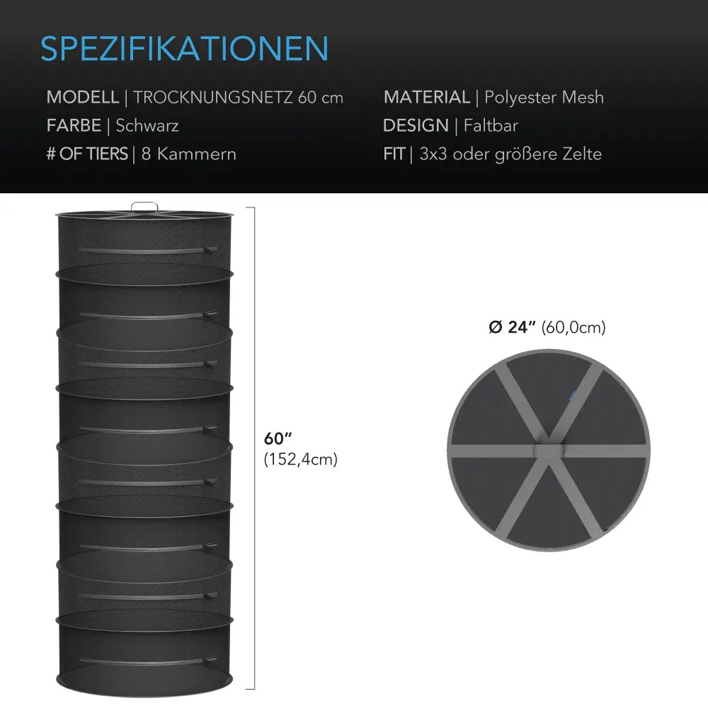 Abmessungen und technische Daten des faltbaren AC Infinity Trockengestells mit acht Kammern, 60 Zentimeter Durchmesser und 152,4 Zentimeter Höhe
