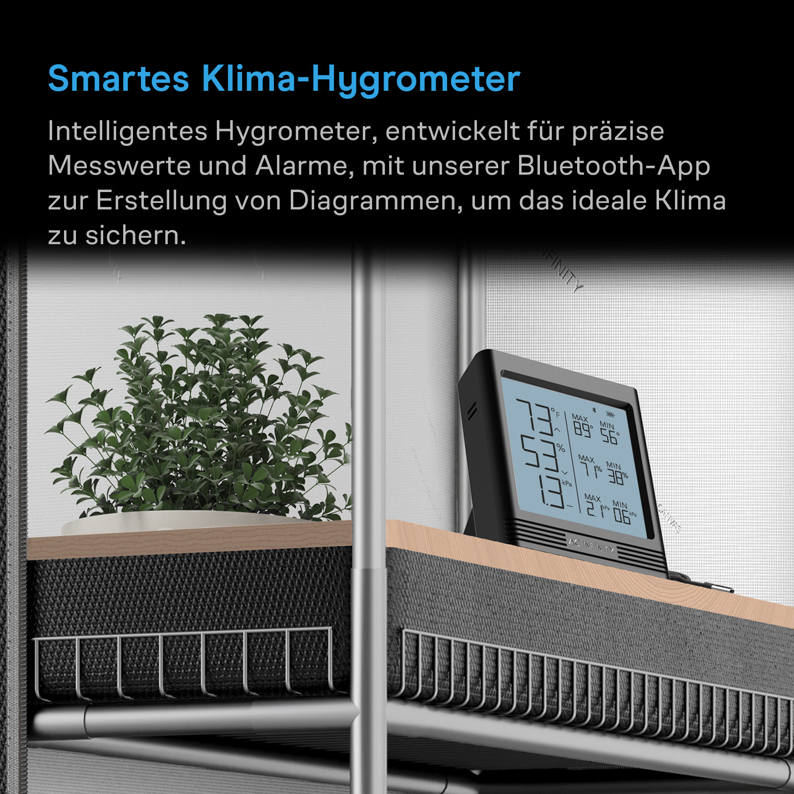 AC Infinity Hygrometer B1 im Growzelt zur präzisen Messung und Überwachung des Pflanzenklimas per Bluetooth-App