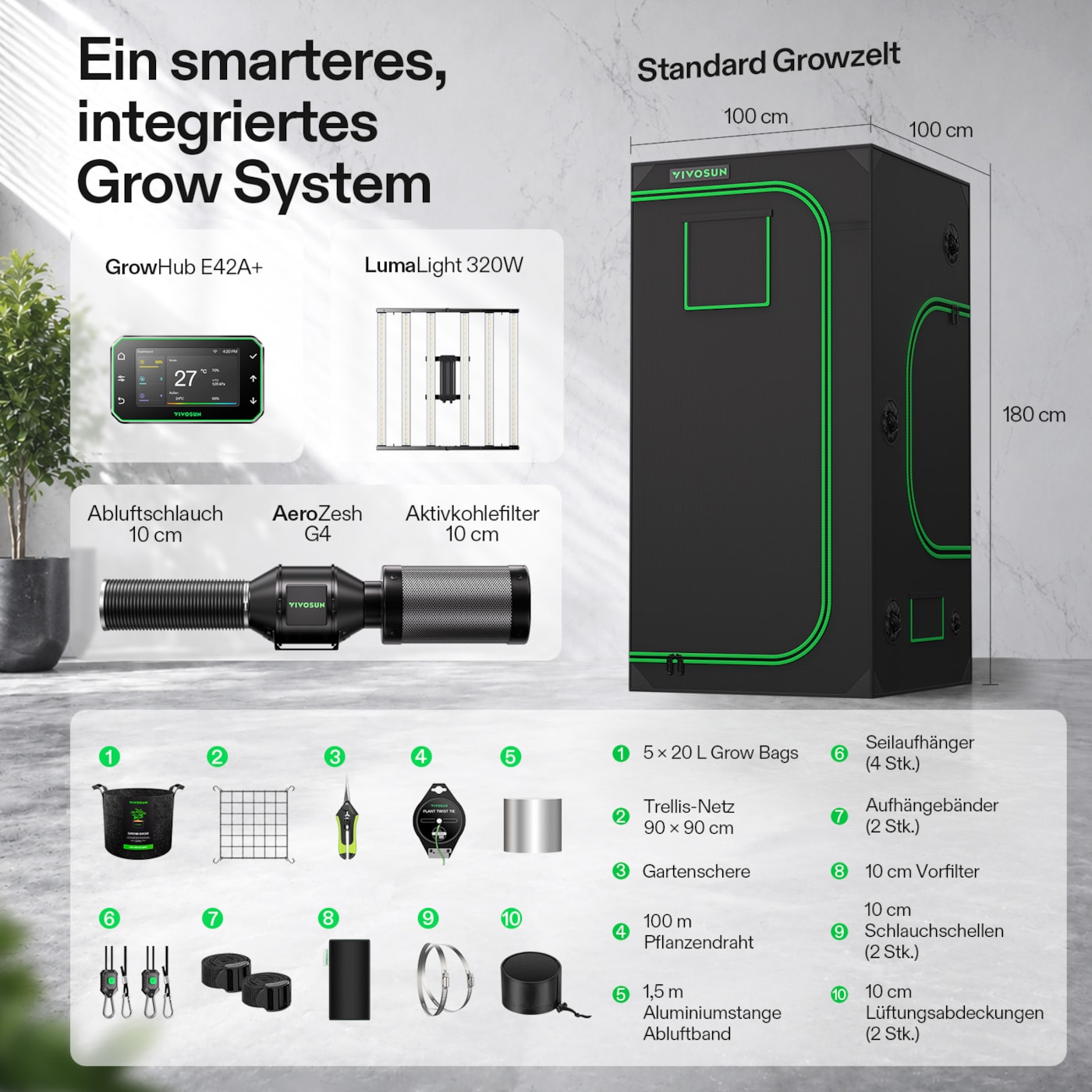 VIVOSUN Smart Growbox Komplettset 100x100x180 cm mit LumaLight 320W und GrowHub E42A+