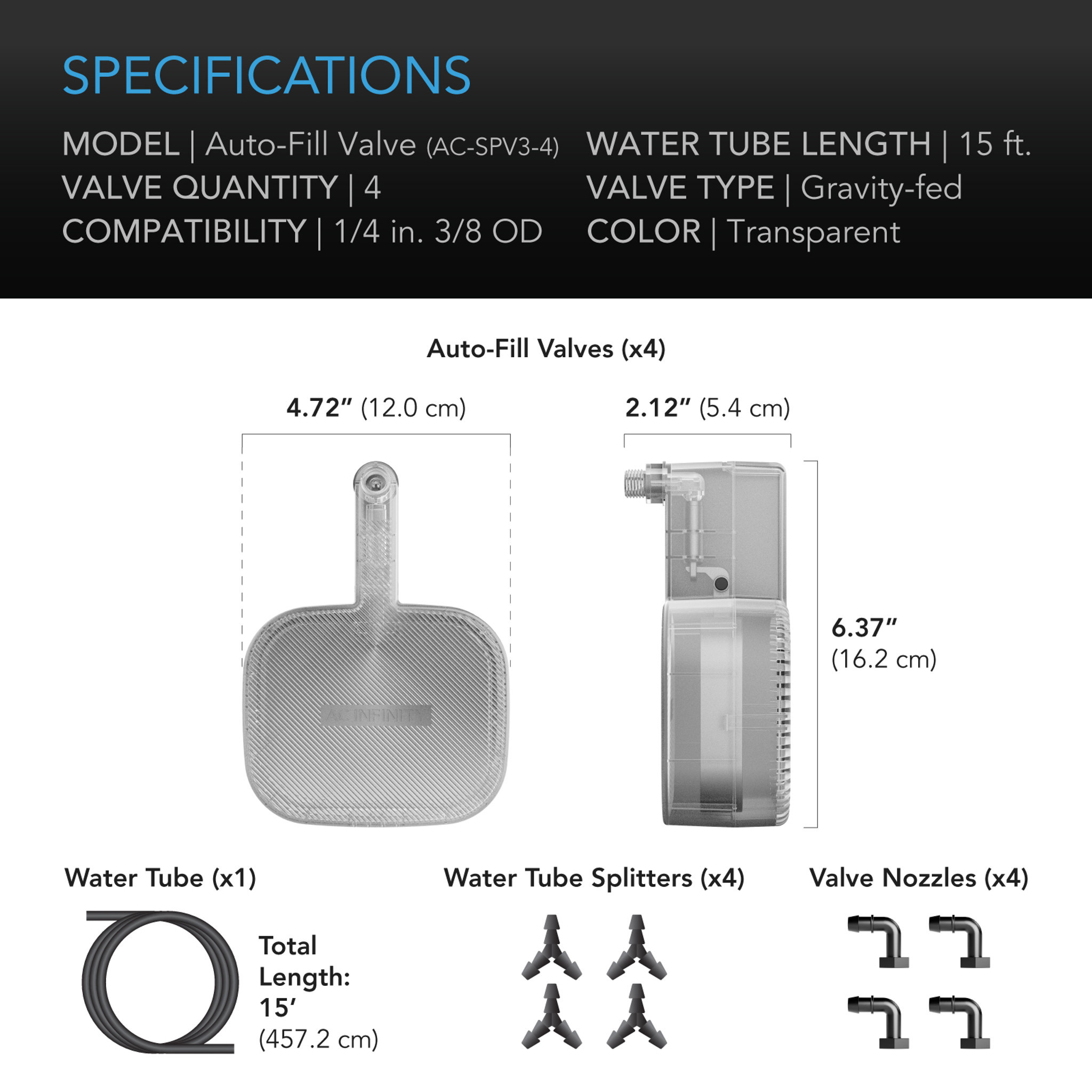 Maße und Lieferumfang des AC Infinity Auto-Fill Valve Sets mit vier Ventilen, 4,57 Meter Wasserschlauch, vier Verteilern und vier Anschlusswinkeln